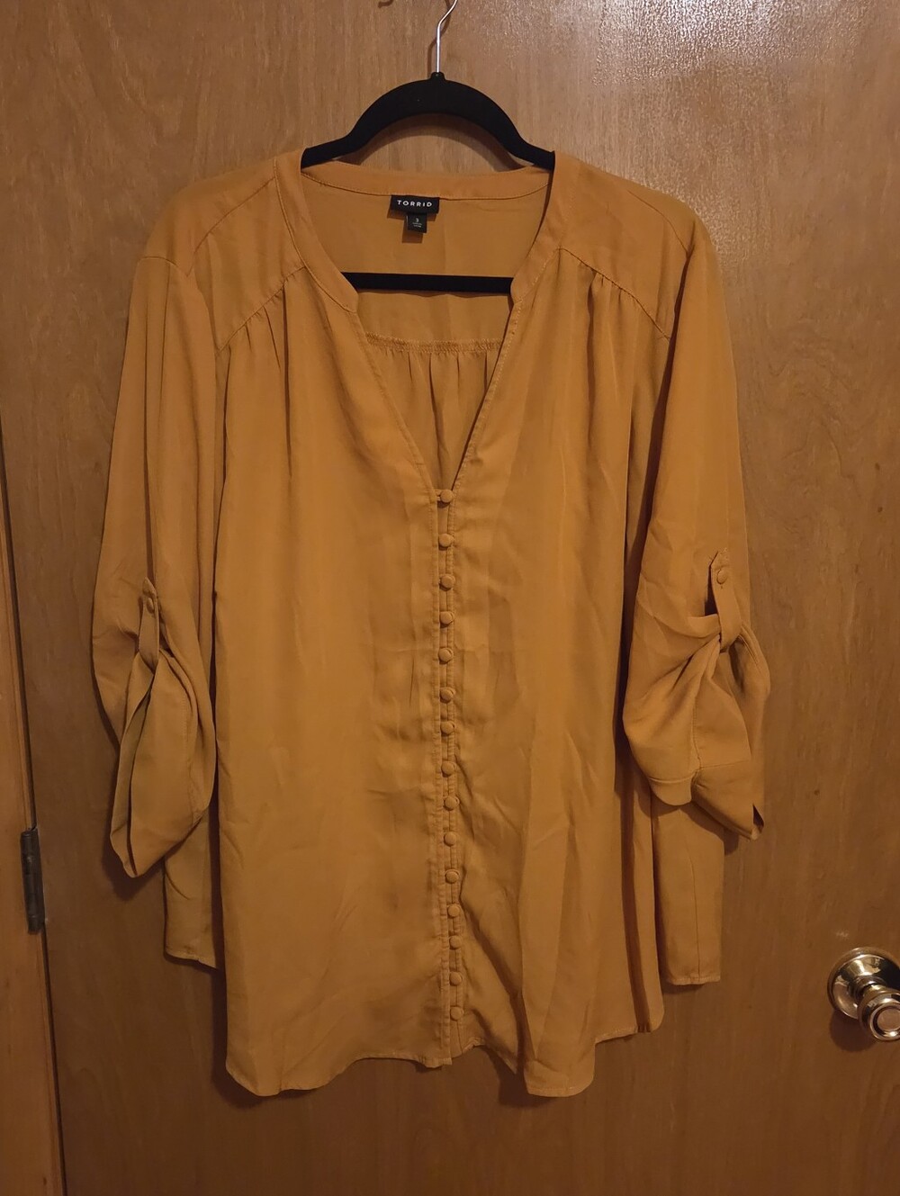 Torrid Mustard Yellow Roll Tab Sleeve Button Front Blouse, Size 3 (3X)
